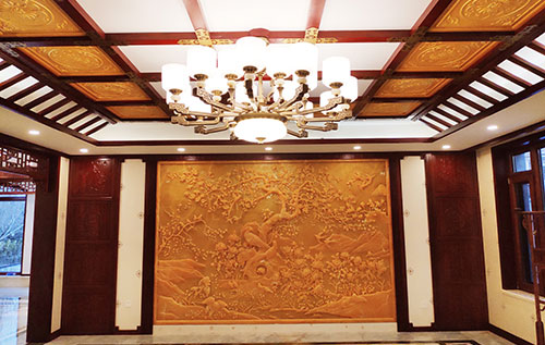凌云中式别墅客厅中式木作横梁吊顶装饰展示